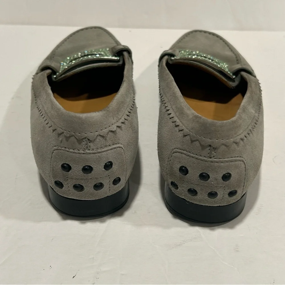 TOD’S Suede Leather Driving Loafers Rhinestone Crystal Buckle, Gray, Sz 9.5 - Picture 4 of 14
